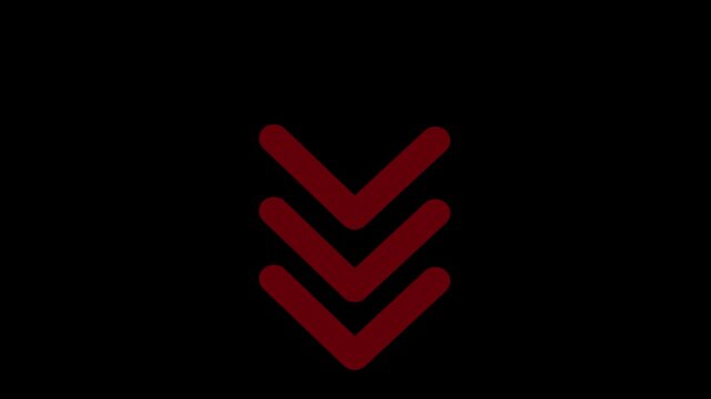Red neon arrow animation on black background, glowing triple chevron down signal, pulsing directional indicator for social media and web