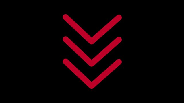 Red glowing arrow animation, triple chevron downward motion graphic, neon red directional indicator on black background, scrolling down interface element