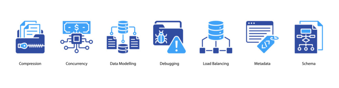 Data Architecture web banner icon vector illustration featuring Compression, Concurrency, Data Modelling, Debugging, Load Balancing, Metadata, and Schema.