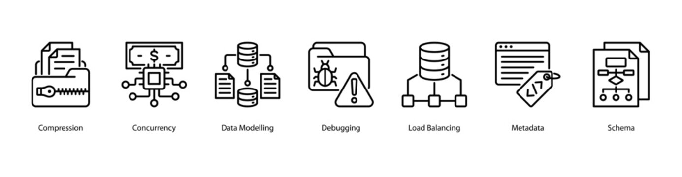 Data Architecture web banner icon vector illustration featuring Compression, Concurrency, Data Modelling, Debugging, Load Balancing, Metadata, and Schema.