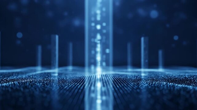 Abstract Digital Cityscape with Blue Light Beams and Particle Effects.