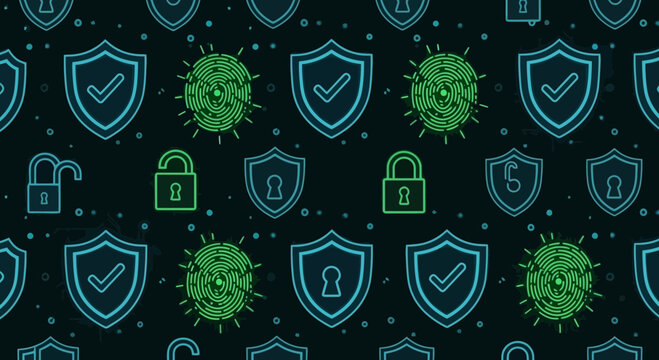 Cybersecurity concept: digital shield, fingerprint, padlock, virus icon, abstract pattern