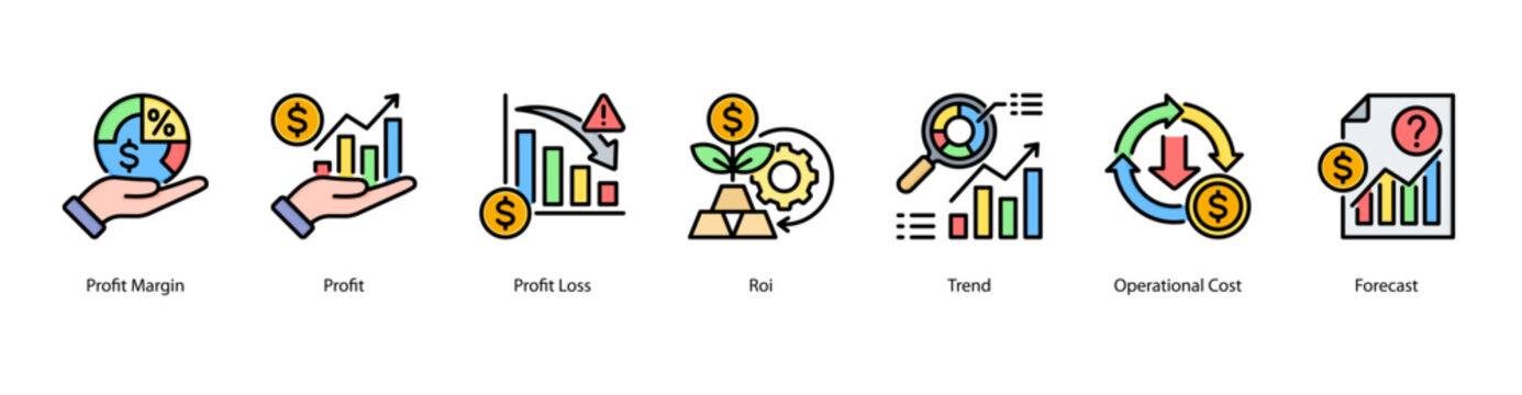 Profit Analysis web banner icon vector illustration featuring Profit Margin, Profit, Profit Loss, ROI, Trend, Operational Cost, and Forecast.