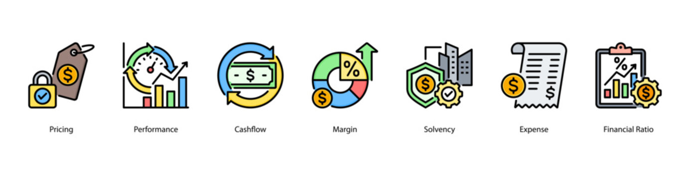 Financial Basics web banner icon vector illustration featuring Pricing, Performance, Cashflow, Margin, Solvency, Expense, and Financial Ratio.