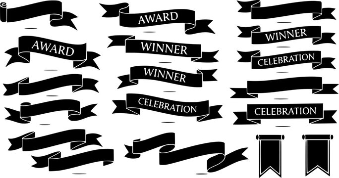Ribbon Banner Silhouette Vector Set. Classic Scroll Templates, Blank Label Flags, and Decorative Award Elements on White Background.