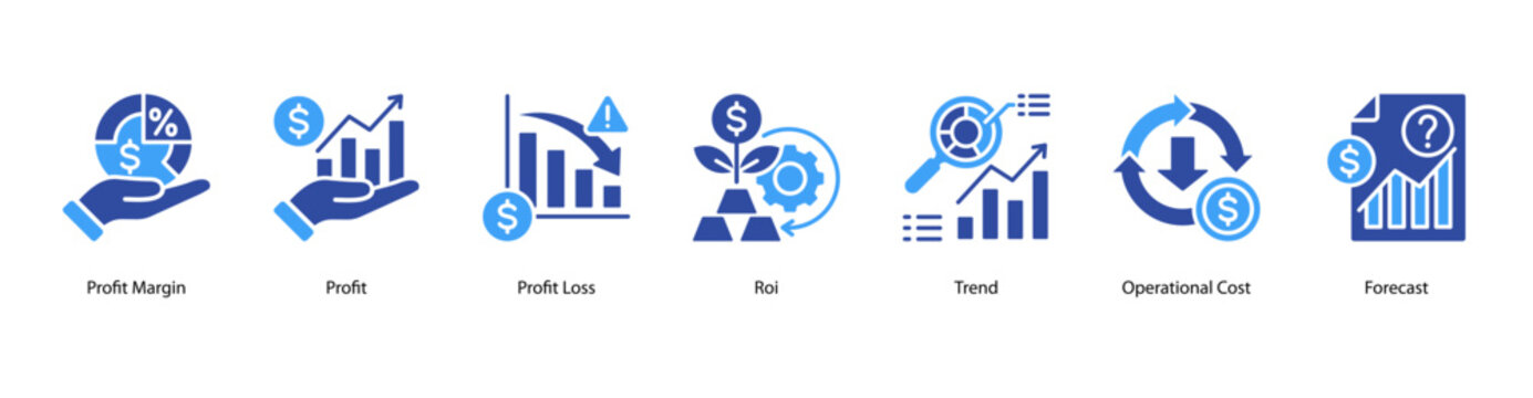 Profit Analysis web banner icon vector illustration featuring Profit Margin, Profit, Profit Loss, ROI, Trend, Operational Cost, and Forecast.