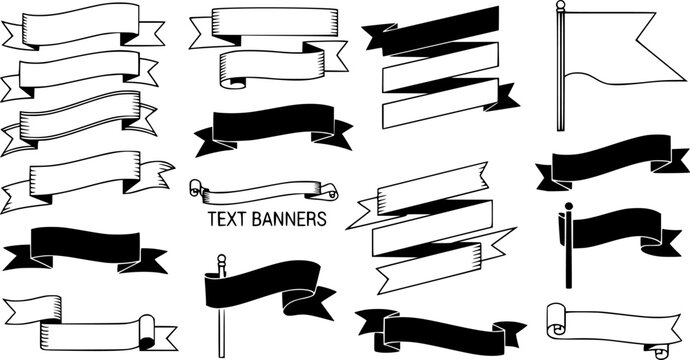 Ribbon Banner Silhouette Vector Set. Classic Scroll Templates, Blank Label Flags, and Decorative Award Elements on White Background.