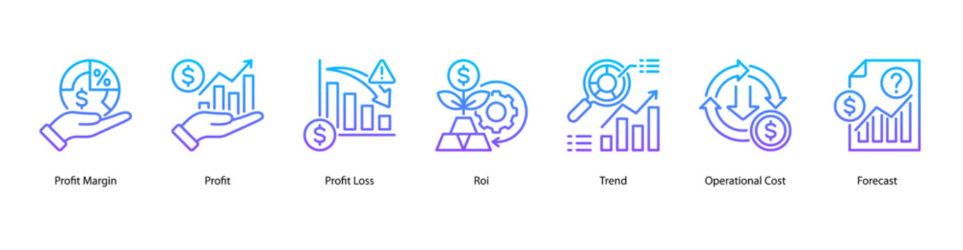 Profit Analysis web banner icon vector illustration featuring Profit Margin, Profit, Profit Loss, ROI, Trend, Operational Cost, and Forecast.