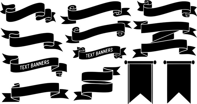 Ribbon Banner Silhouette Vector Set. Classic Scroll Templates, Blank Label Flags, and Decorative Award Elements on White Background.