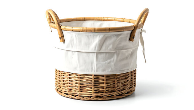 Woven laundry basket with fabric liner and natural bamboo handles, isolated on a white background, home organization and storage solution