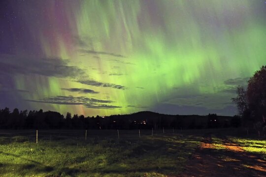 Beautiful green and purple auroras in the night sky over a dark field, the stars visible, Vemdalen, V&auml;rmland, Sweden