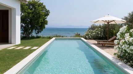 Fototapeta premium Tranquil poolside with ocean view, lounge chairs and white flowers, summer relaxation
