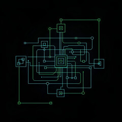 Obraz premium Intricate digital circuit board design with interconnected components on black background.