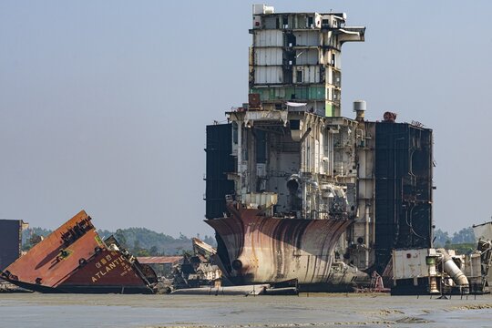 Huge container ship ready to getting break up, Chittagong Ship Breaking Yard, Chittagong, Bangladesh