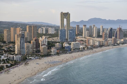 Skyline of Benidorm with the high-rise Intempo, with 192 metres the highest residential building in Europe, Playa Poniente, Benidorm, Costa Blanca, Valencia County, Spain