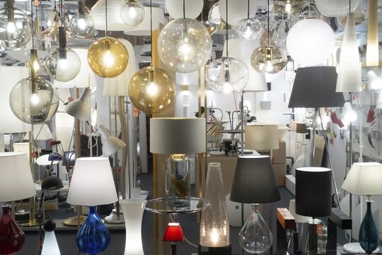 Various lamps in shop window, Munich, Germany