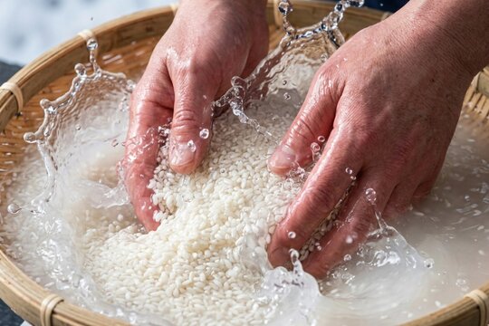 冷たい水で勢いよく酒米を研ぐ（洗米）職人の手元