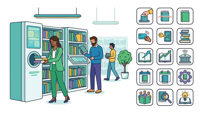 Modern automated library system vector illustration showing people using self-service book return kiosks and digital bookshelves, featuring a set of educational and tech icons.