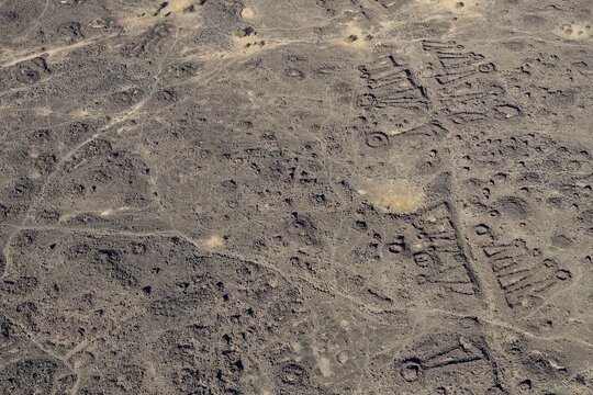 Neolithic stone ritual buildings, so-called mustatils, aerial view, near Khaybar, Medina province, Saudi Arabia, Arabian Peninsula