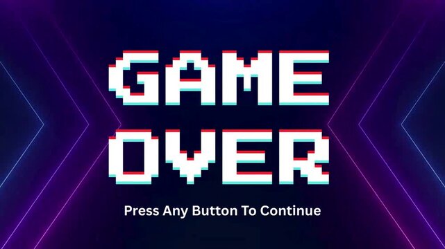 Vibrant retro pixelated 'Game Over' screen with a glitch effect and 'Press Any Button To Continue' message on a futuristic neon background, signifying the conclusion of a digital game