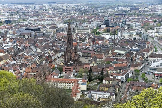View from the Schlossberg to the M&uuml;nsterplatz, the Freiburg Cathedral of Our Lady, Old Town, New Town, Freiburg im Breisgau, Baden-W&uuml;rttemberg, Germany