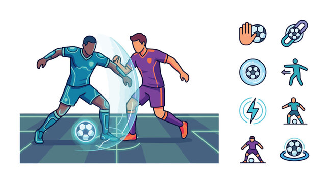 Futuristic soccer gameplay illustration featuring two players with an energy barrier shield, glowing ball, and a set of user interface icons for a mobile sports game app concept.