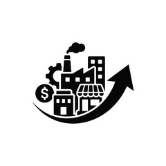 Fototapeta premium A growing industrial scene with factory buildings and a rising arrow symbolizes business success.