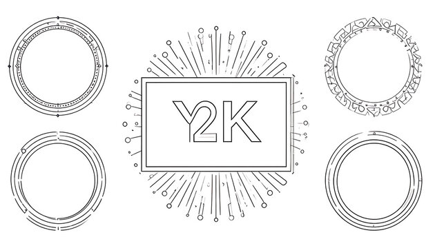 Y2K graphic elements, retro style bursts and circular frames, glitch art motifs for nostalgic design