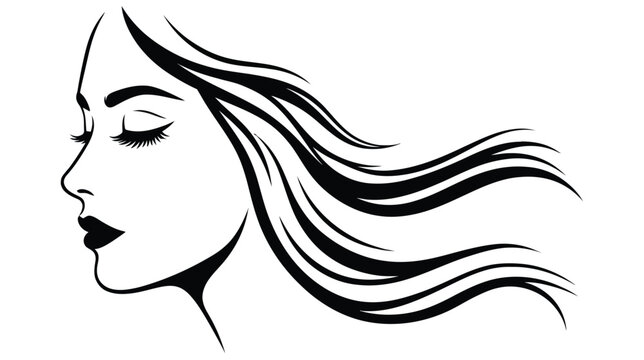 Woman face profile line art with long flowing hair and closed eyes for beauty and hair salon.