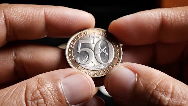 Close up of hands holding and examining a 50 cent coin.
