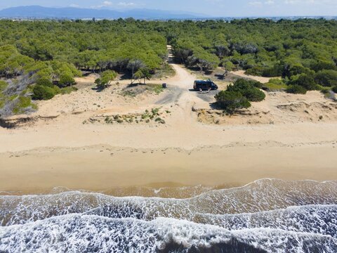 Drone shot, Mediterranean Sea, beach and forest, near Kalogria, Achaia, Peloponnese, Greece