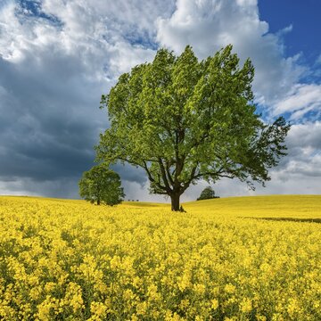 Large old solitary oaks in a blooming rapeseed field in spring, an approaching thunderstorm on the horizon, Burgenlandkreis, Saxony-Anhalt, Germany