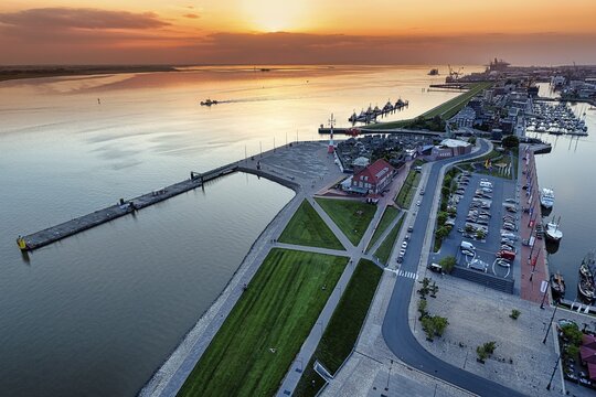 View from above of the Weser estuary and Havenwelten, sunset, Bremerhaven, Bremen, Germany