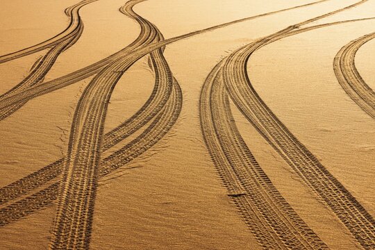 Tyre tracks in the sand in the Rub al Khali desert, Dhofar province, Arabian Peninsula, Sultanate of Oman