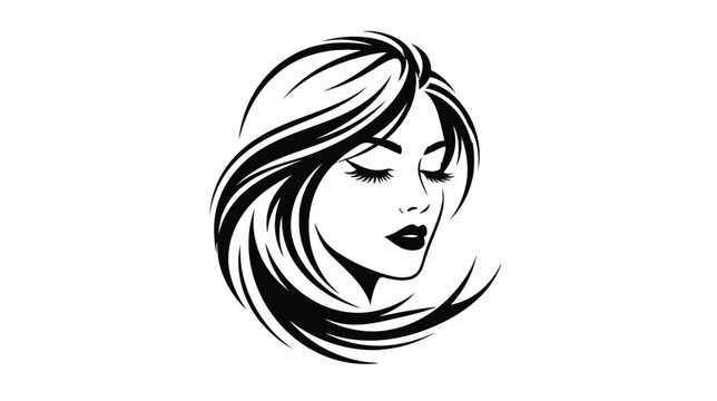 Beautiful Woman Face with Long Flowing Hair Logo for Hair Salon and Beauty Spa Line Art Design