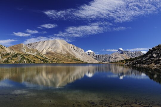 View on a hike from Lake Louise to Skoki Lodge in the Rocky Mountains, Ptarmigan Lake, Banff National Park, Alberta, Canada