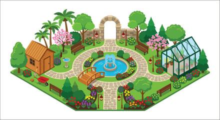 Fototapeta premium Isometric garden scene with fountain greenhouse and shed colorful vector illustration