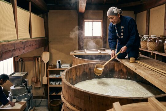 湯気が立ち上る酒蔵で木樽から柄杓でお酒をすくい上げる職人