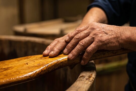 長い年月を経て使い込まれた木樽の縁に添えられた職人の手