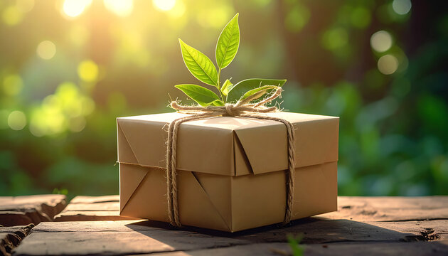Wrapped gift box with green sprout on top, bathed in warm sunlight, symbolizing eco-friendly delivery and natural growth, sustainable packaging concept