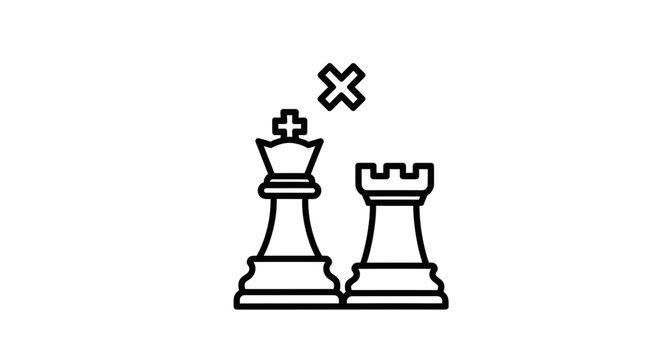 Chess checkmate king and rook facing checkmate symbol in monochrome