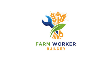 Fototapeta premium Farm worker logo with wheat and wrench icon for agriculture and repair