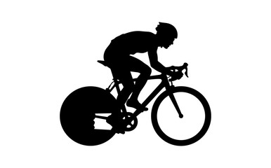 Fototapeta premium Cyclist riding bicycle in motion silhouette of athlete on bike with large wheels on white background