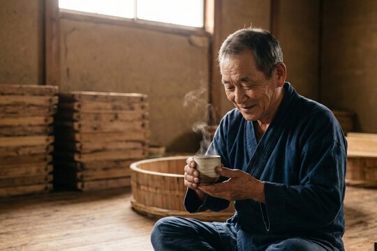 酒蔵で出来上がった日本酒を嬉しそうに試飲する職人