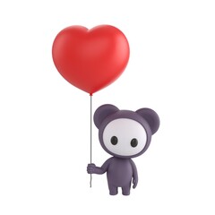 Naklejka premium Cute 3D render Black Little Monster character standing and holding a heart-shaped balloon, sweet and affectionate pose, isolated on white background.