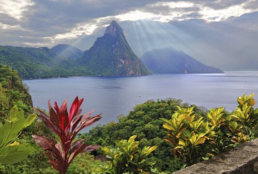 Landscape with the two Pitons, Gros Piton 770m and Petit Piton 743m, Soufriere, St. Lucia, Lesser Antilles, West Indies, Caribbean Islands
