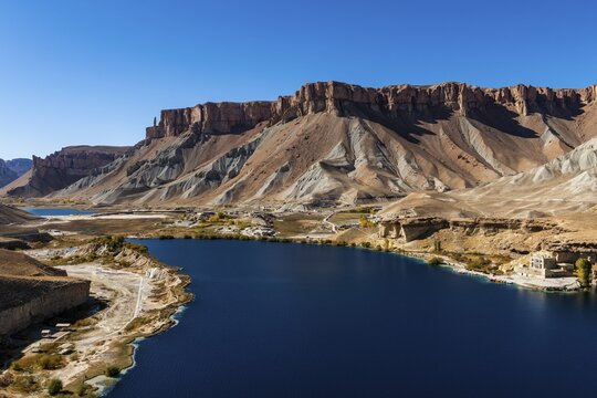 Overlook over the deep blue lakes of the Unesco National Park, Band-E-Amir National Park, Afghanistan