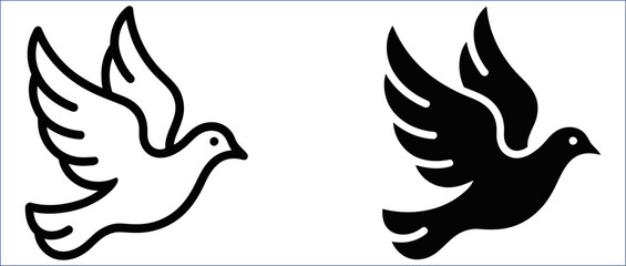 Fototapeta premium Dove in Flight Sign in Modern Flat Style with Smooth Wing Motion Design. Symbolizing peace message, unity, purity, liberation and inspirational nature symbolism