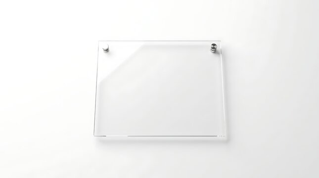 Isolated transparent acrylic sign plaque mockup for professional office branding with metallic standoffs for display