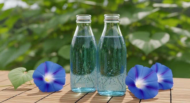 Fresh blue morning glories with glass bottles on bamboo table